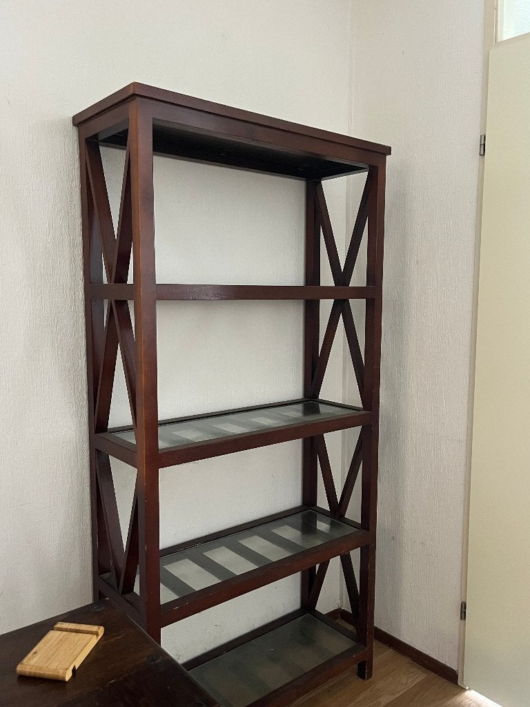 Massief houten roomdivider met glazen legplanken, Ophalen, Met plank(en), Gebruikt, 50 tot 100 cm