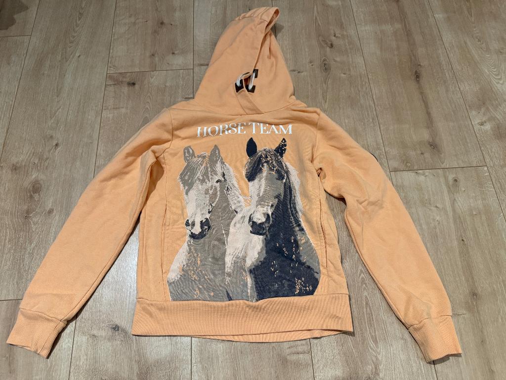 Licht oranje hoodie met paarden maat 134/140, Ophalen of Verzenden, Zo goed als nieuw, Meisje, Trui of Vest
