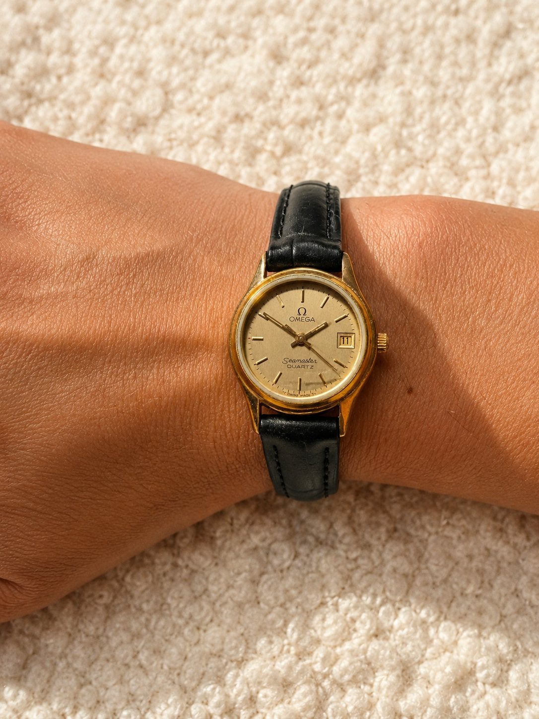Omega Seamaster Quartz dameshorloge – vintage – verguld, Overige merken, Polshorloge, Ophalen of Verzenden, Leer