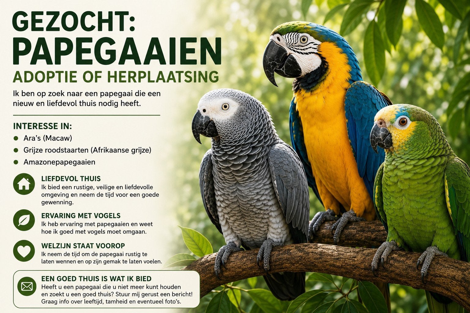 Gezocht: Papegaai voor adoptie of herplaatsing, Ophalen of Verzenden