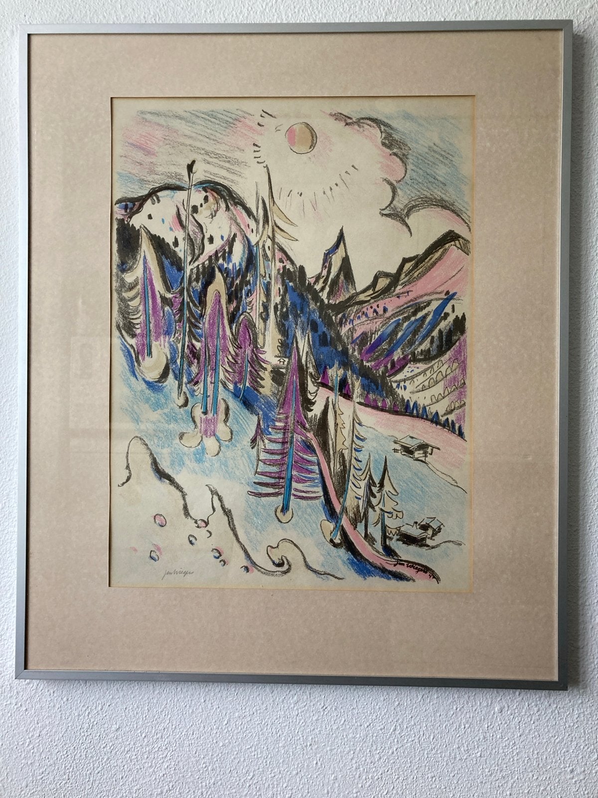 Jan Wiegers - Kleurrijke berglandschap tekening, Papier/karton, Gesigneerd, Gemengde techniek, Landschap