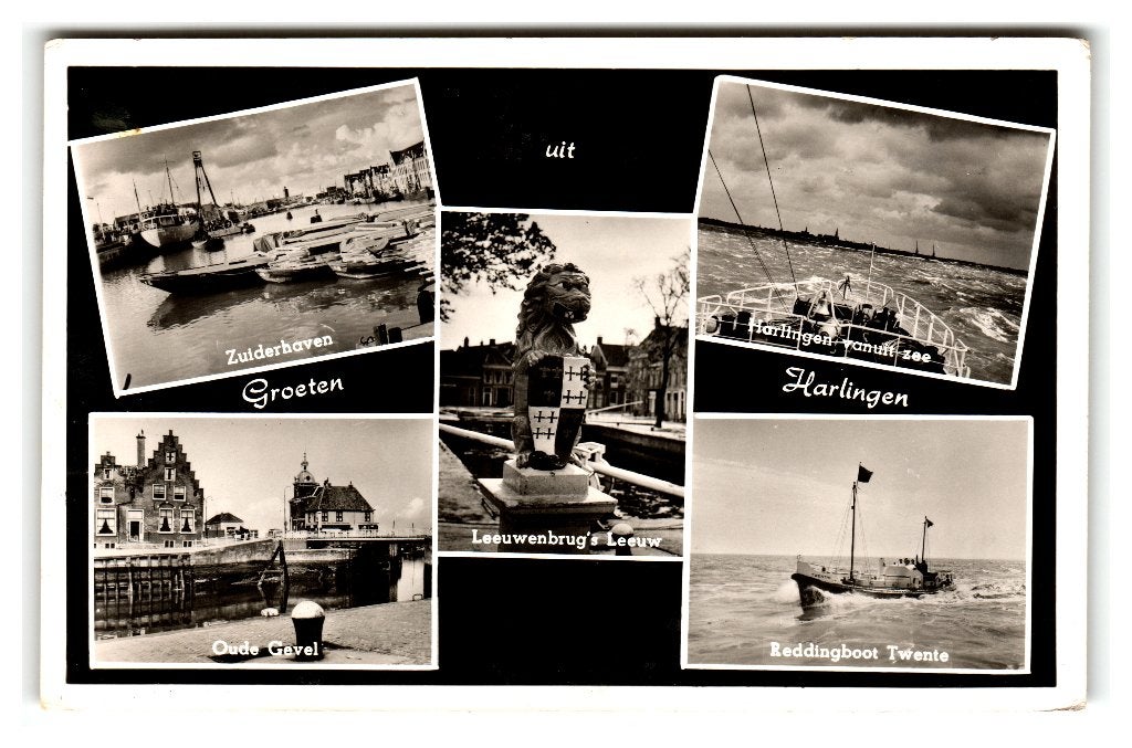 Harlingen, Groeten uit Harlingen. Opruimingskaart, Verzenden, 1940 tot 1960, Gelopen, Friesland