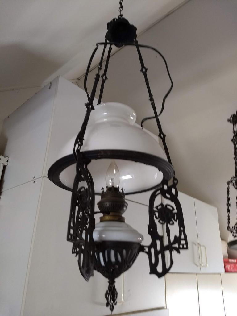 Antieke schippertjes hanglampen met melkglas kap, Antiek en Kunst, Antiek | Lampen, Ophalen