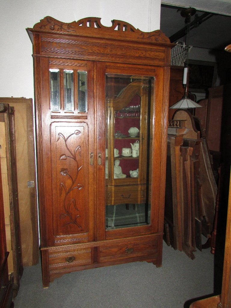 antieke eiken linnenkast kleerkast legplanken art nouveau, Ophalen, Antiek Eiken art nouveau stijl, 200 cm of meer, Eikenhout