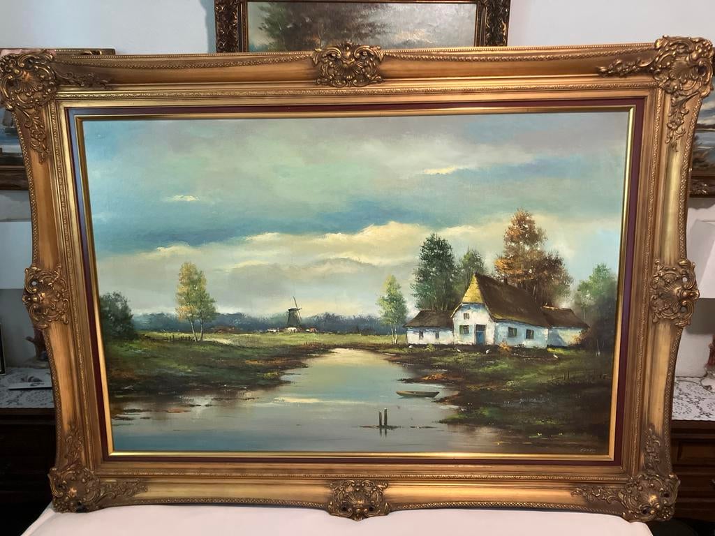Schilderij met Hollands landschap en molen, gesigneerd, Ophalen of Verzenden