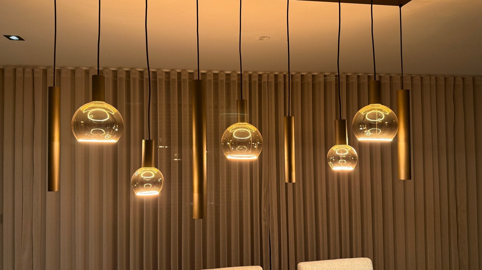 Moderne hanglamp met 9 lichtpunten - Goud/Brons, Ophalen, Zo goed als nieuw, Glas, Overige fittingen