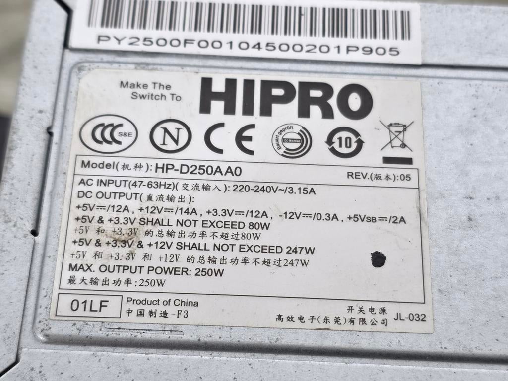 Hypro 250w max voeding psu power supply hp-d250aa0, Ophalen of Verzenden, Gebruikt