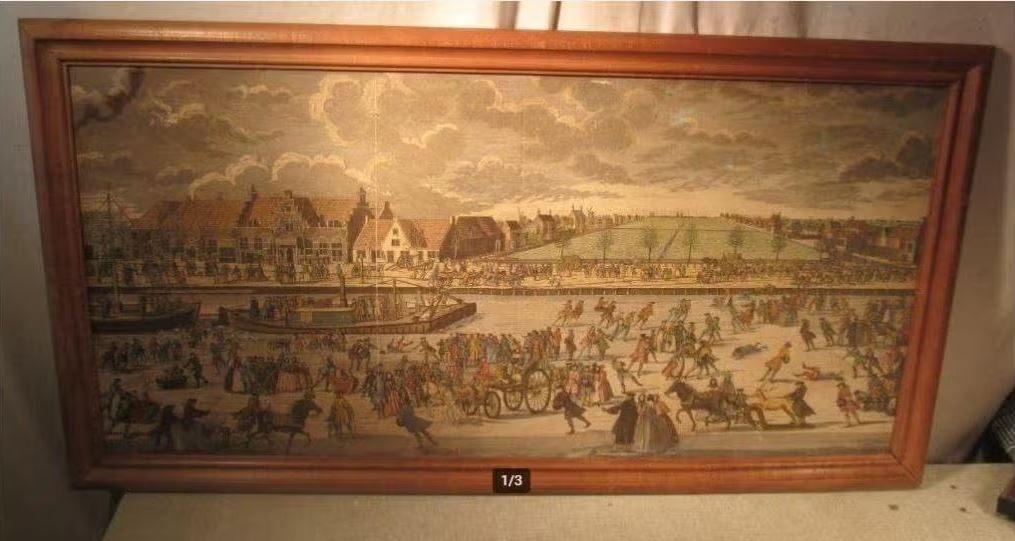Prachtige Oude Gravure 'Feest aan de Kade' - 85x48, Ophalen of Verzenden, Dagelijks leven, Gravure