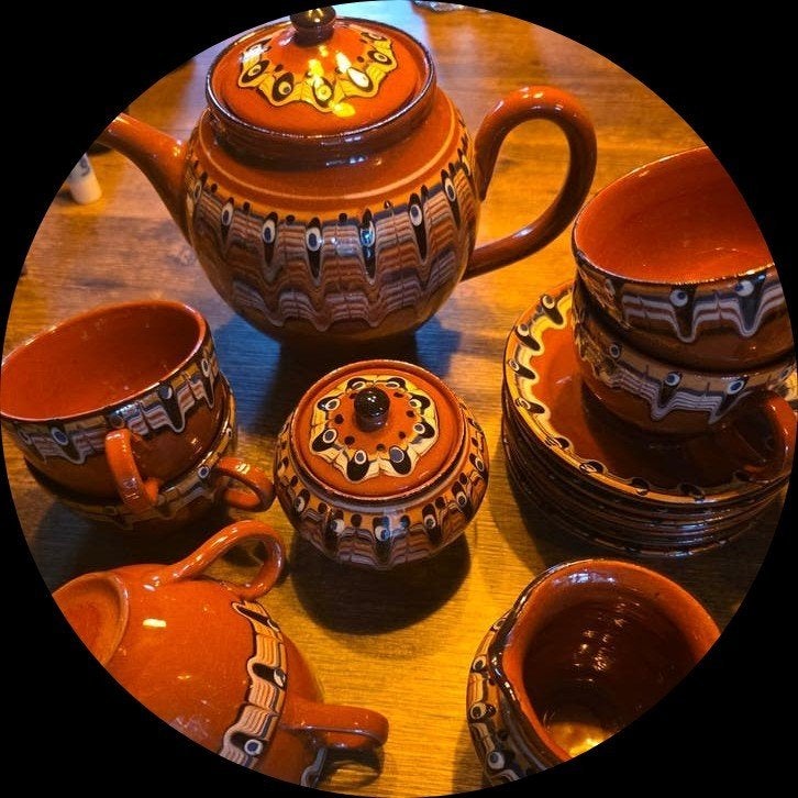 Vintage handbeschilderd aardewerk theeservies - retro / boho, Ophalen