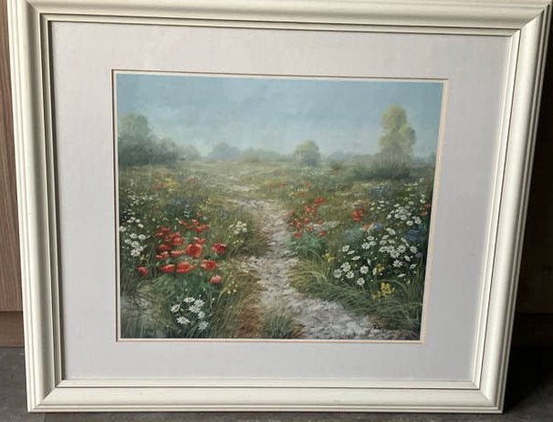 Schilderij Peter Motz - Bloemenveld met pad (58x68 cm), Antiek en Kunst, Kunst | Schilderijen | Klassiek, Ophalen