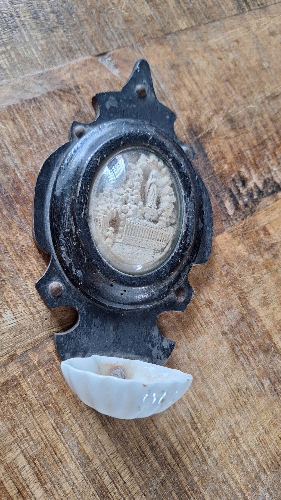antieke wijwaterbakje met meerschuim,  afb Lourdes, Antiek en Kunst, Ophalen of Verzenden