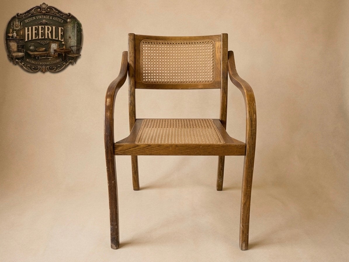 Vintage Webbing Armstoel | Hout & Riet | Jaren 70 Design, Ophalen, Japandi, Gebruikt, Bruin