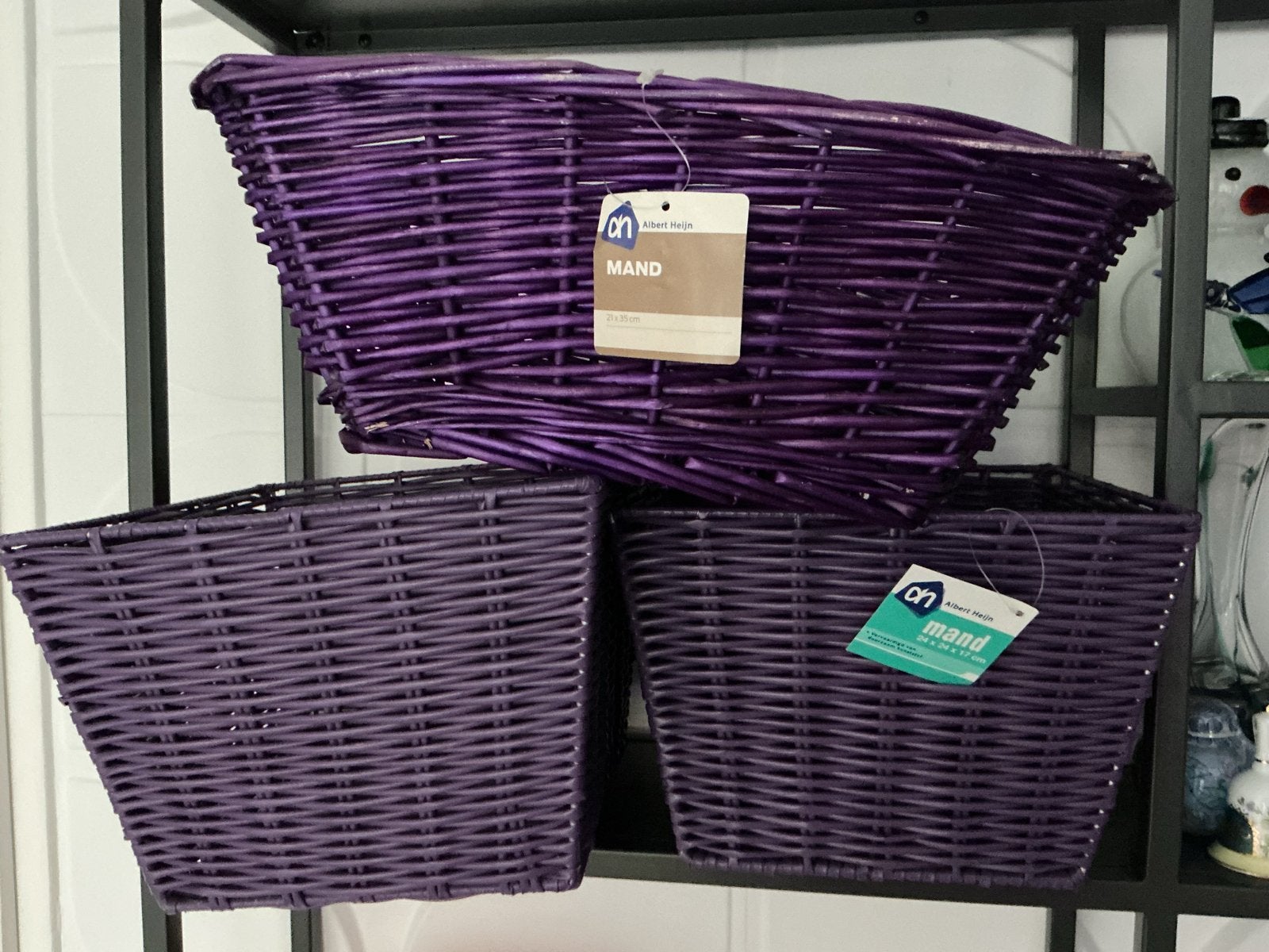 Paarse manden van Albert Heijn - 3 stuks, Kunststof, Gebruikt, Gevlochten, Mand