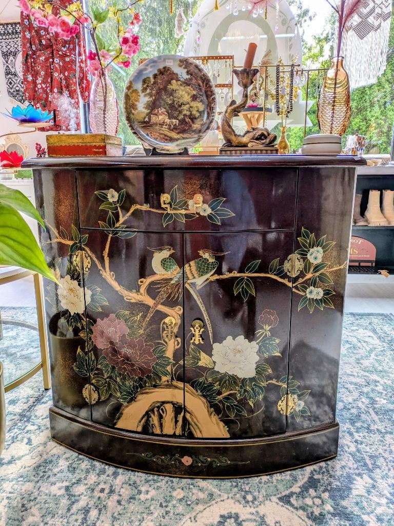 Handgeschilderde Chinese Gelakte Kast Vogels Bloemen, Antiek en Kunst, Ophalen