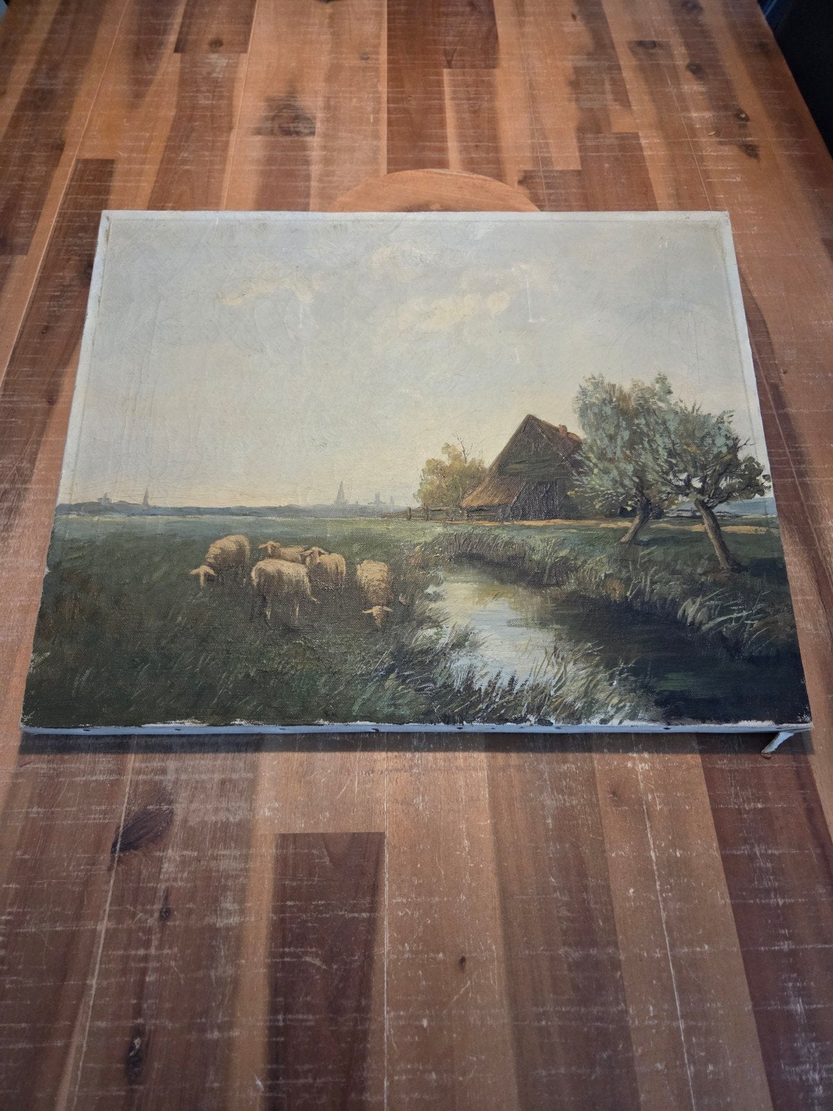 Klassiek Hollands Landschap met Schapen en Boerderij, Antiek en Kunst, Kunst | Schilderijen | Klassiek, Ophalen, Doek, Landschap