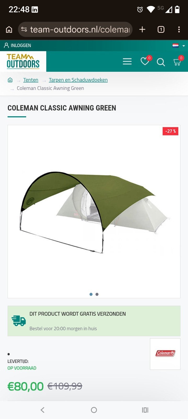 Coleman Classic Awning Green - Luifel voor tent, Ophalen, Zo goed als nieuw