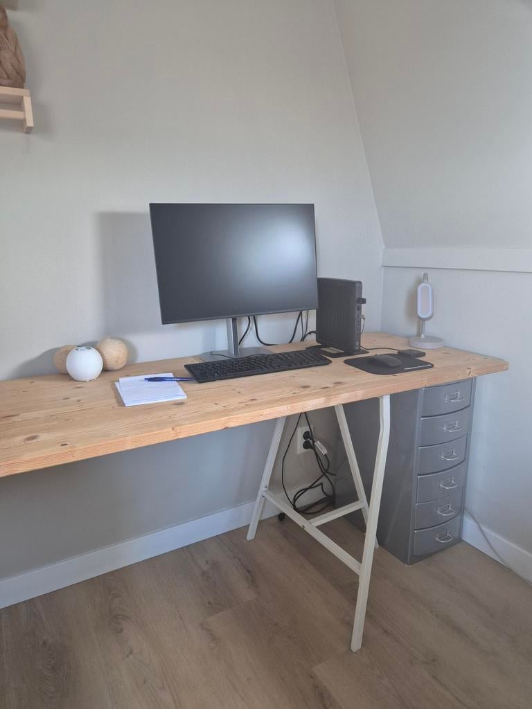 Bureau met houten blad op metalen schragen + ladeblok, Huis en Inrichting, Bureaus, Ophalen, Overige typen, Gebruikt, Bruin