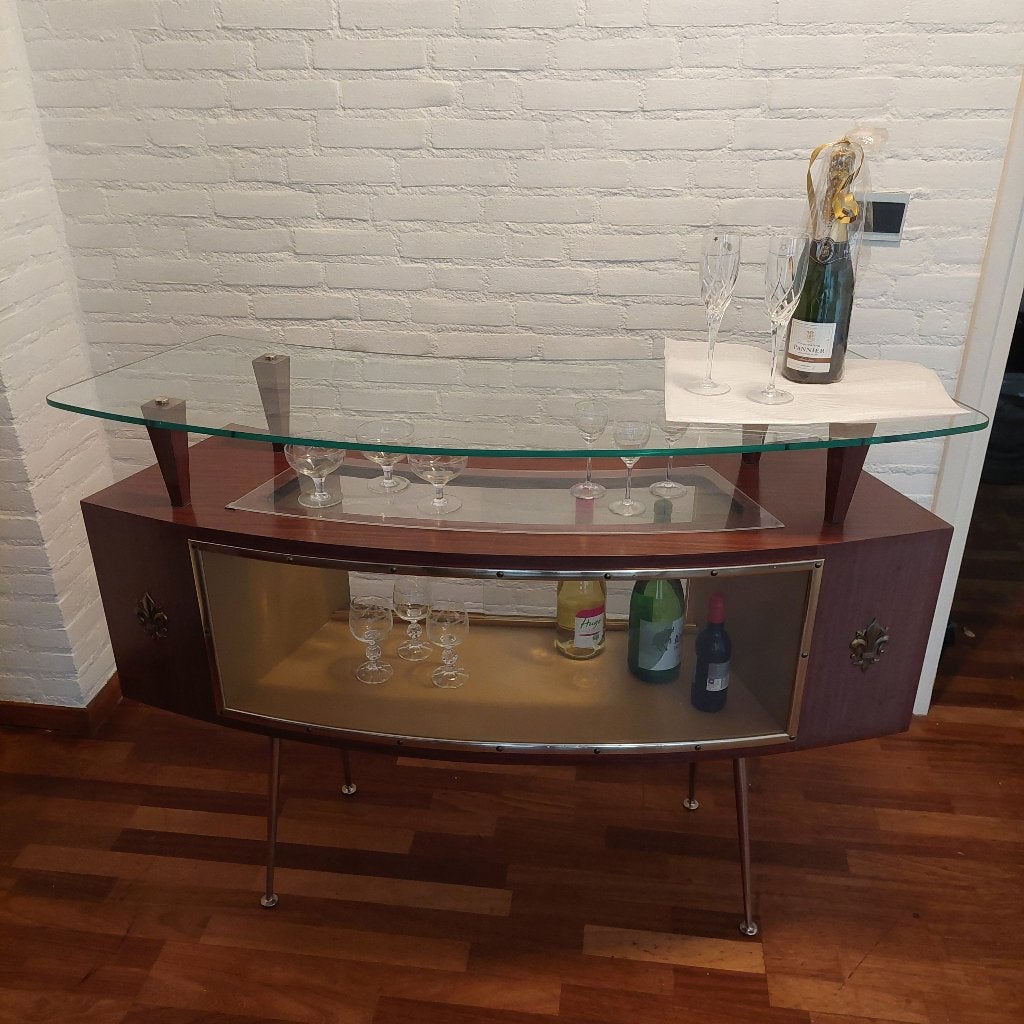 Vintage Mahonie Barmeubel met Glazen Bovenblad, Ophalen