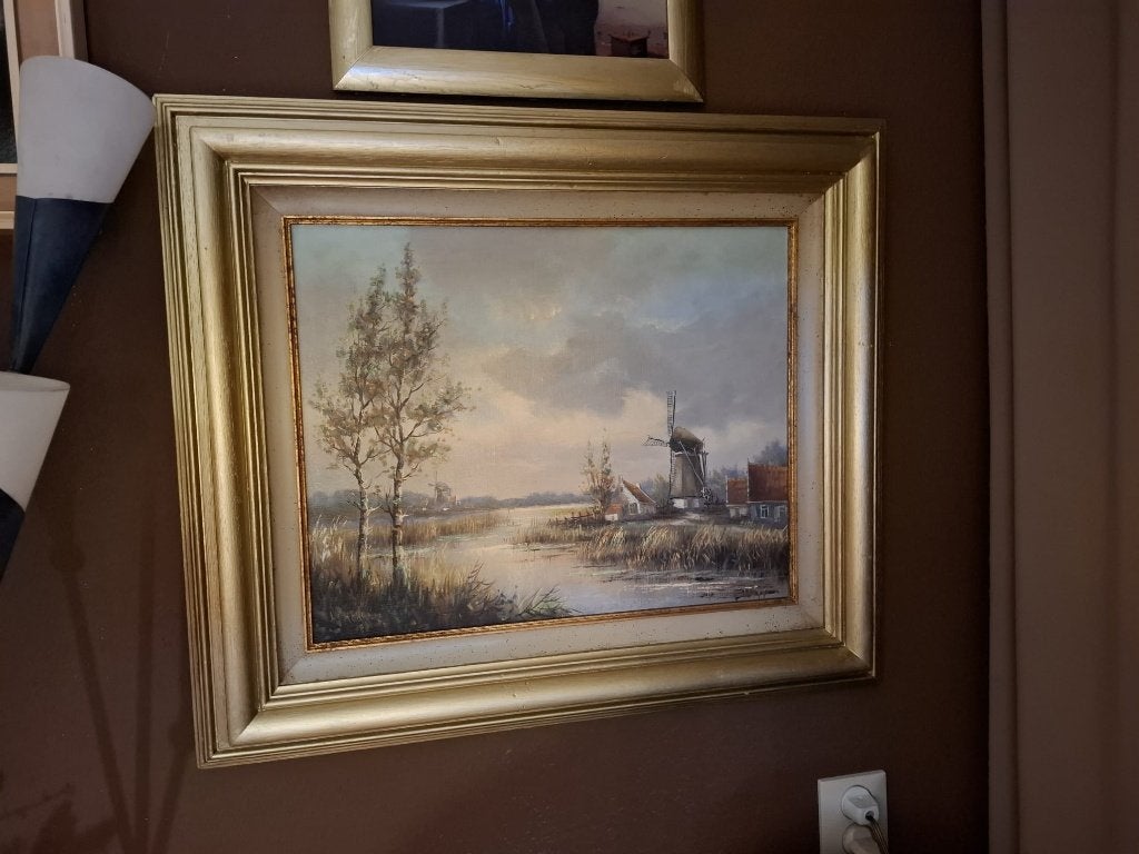 Schilderij van H.C. Hokken, Hollands Molenlandschap 70x60 cm, Ophalen