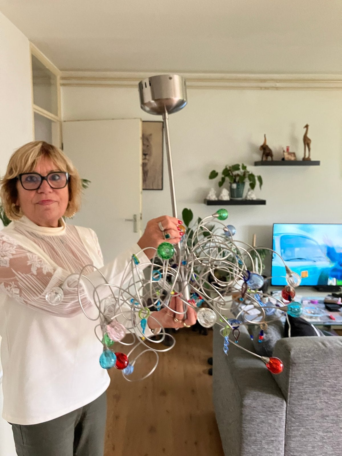Moderne hanglamp met gekleurde glazen bollen, Ophalen, Gebruikt, Metaal