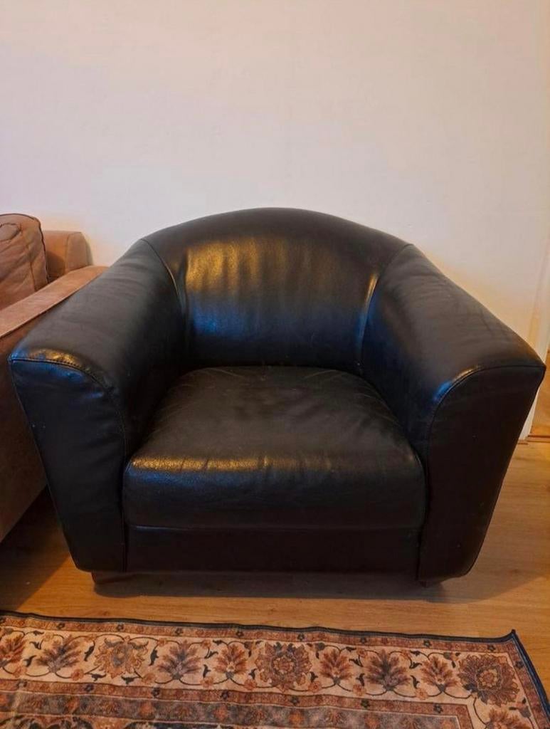 Comfortabele zwarte leren fauteuil, Gebruikt, Ophalen of Verzenden, Leer, 75 tot 100 cm