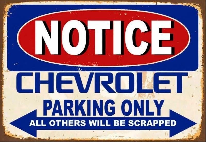 Chevrolet parking only sign, vintage plaat bord. 20 x 30cm., Verzamelen, Merken en Reclamevoorwerpen, Ophalen of Verzenden, Nieuw