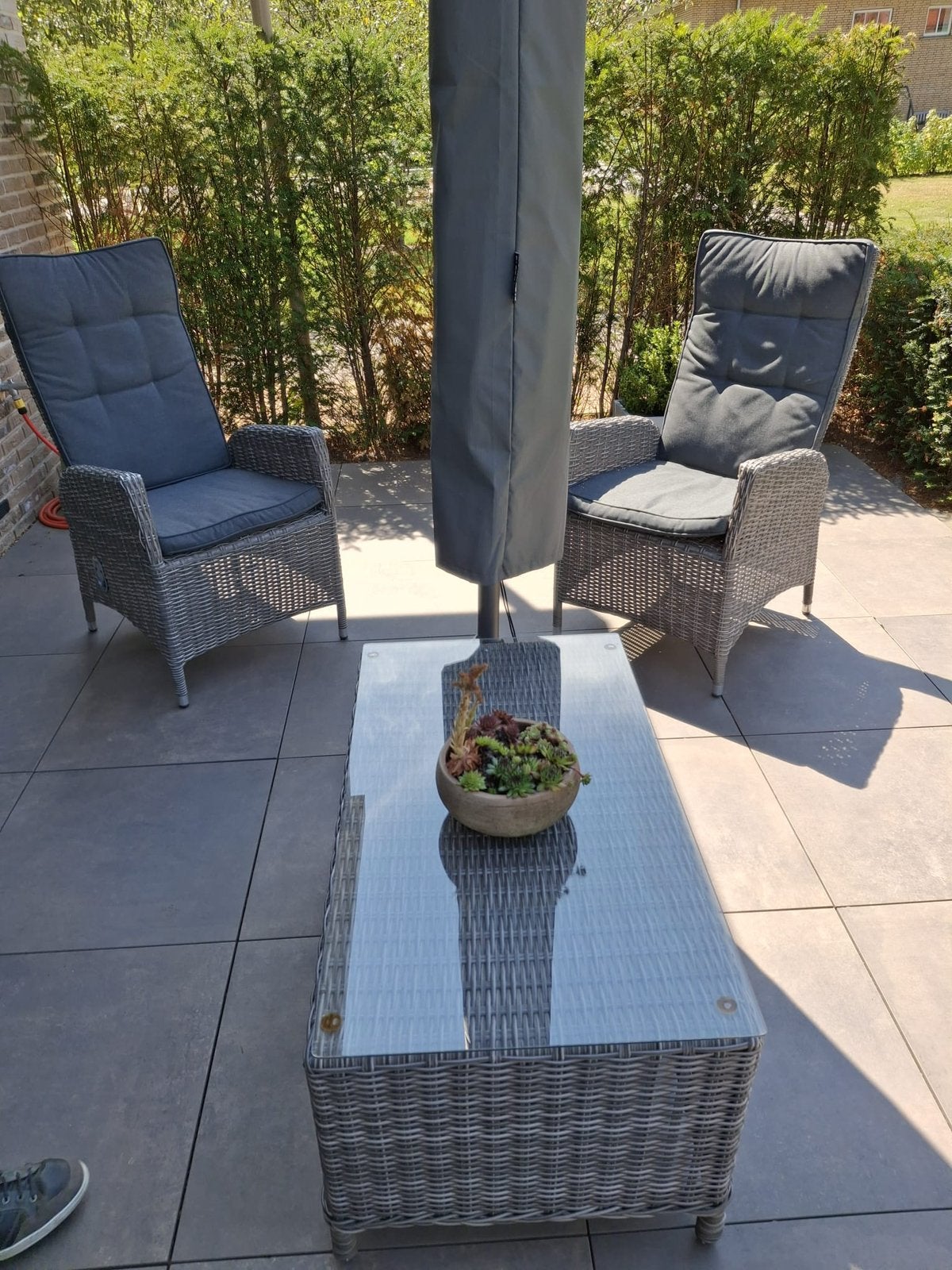 Tuinset 4 stoelen + kussens taupe/grijs + salontafel, Ophalen, Zo goed als nieuw, Wicker