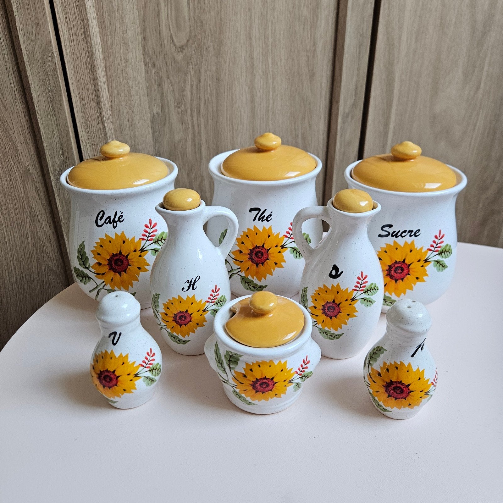 Vintage keukenset opbergpotten Zonnebloem Design - 7 Delen, Gebruikt, Keramiek, Vintage, Ophalen of Verzenden