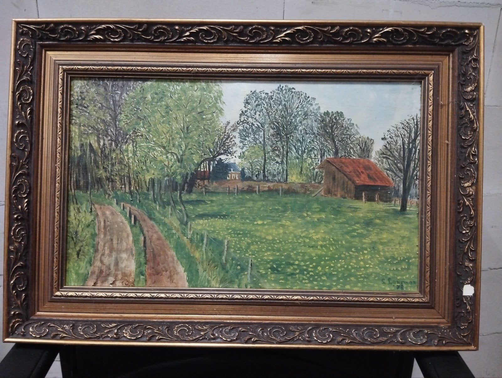 Schilderij Olieverf op Doek - Landschap met Boerderij, Doek, Realistisch, Ophalen of Verzenden, Gedateerd