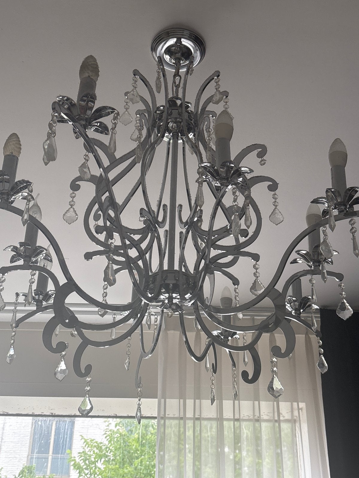 Zilveren Kroonluchter met 10 Lichten - Sfeervol Design, Huis en Inrichting, Lampen | Kroonluchters, Ophalen of Verzenden, Gebruikt
