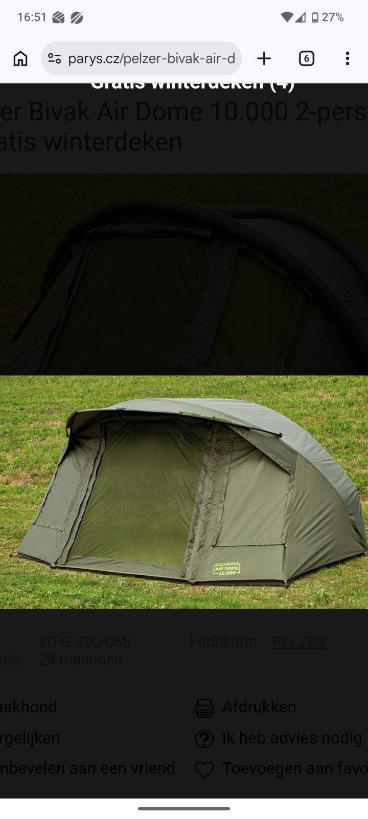 Pelzer Airdome 10000 bivvy  2-pers. karper tent met overwarp, Ophalen, Zo goed als nieuw, Overige typen