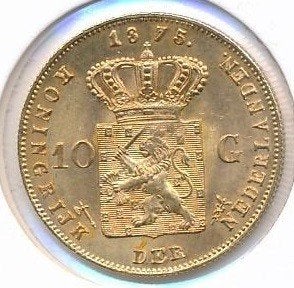 Nederland gouden tientje 1875 Willem 3 (met volle 7), Ophalen of Verzenden, Goud