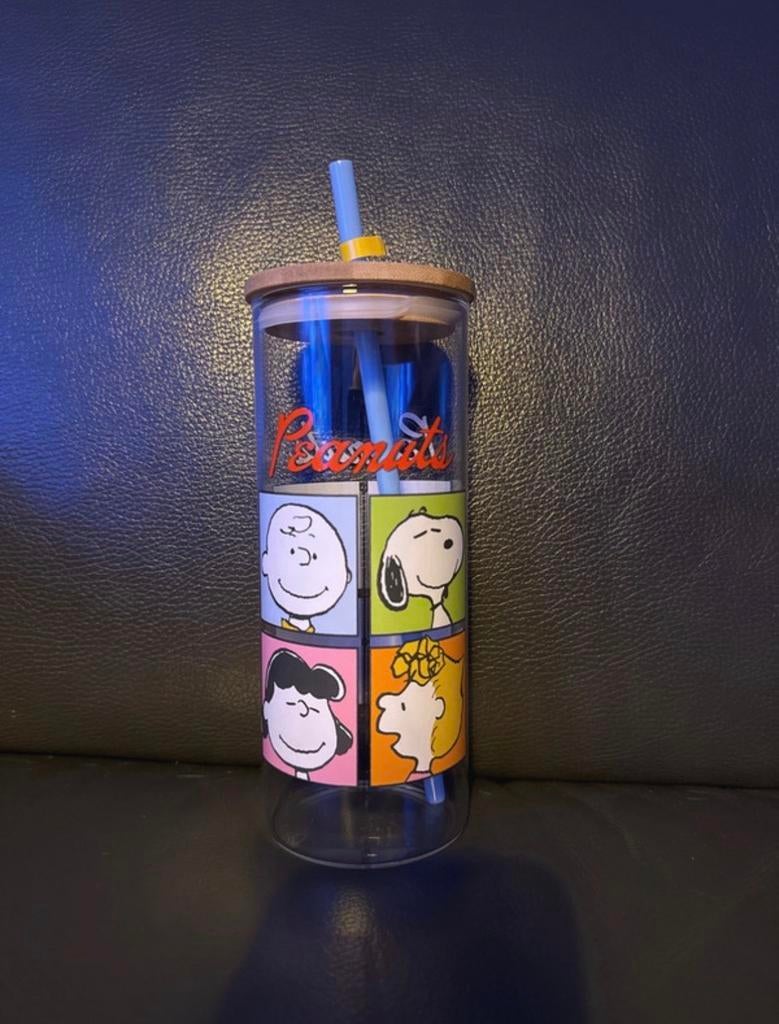Peanuts glazen beker met deksel en rietje, Nieuw, Ophalen of Verzenden, Meerkleurig, Overige merken