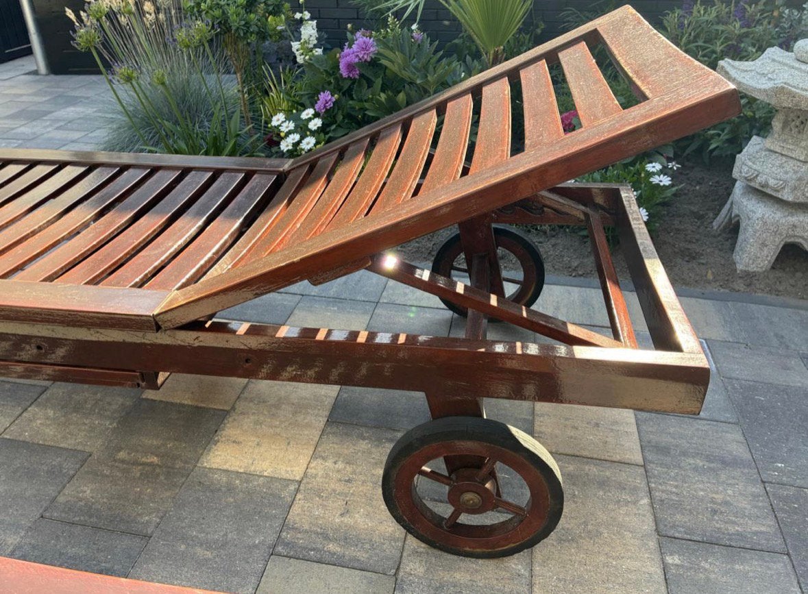2 ligbedden teakhout, Tuin en Terras, Ophalen, Zo goed als nieuw, Kunststof, Verrijdbaar