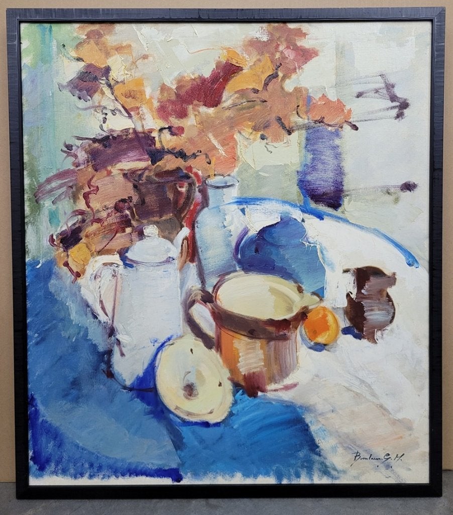 Leo BOSSELAERS, de witte koffiekan, Ophalen of Verzenden, Gesigneerd, Olieverf, Doek