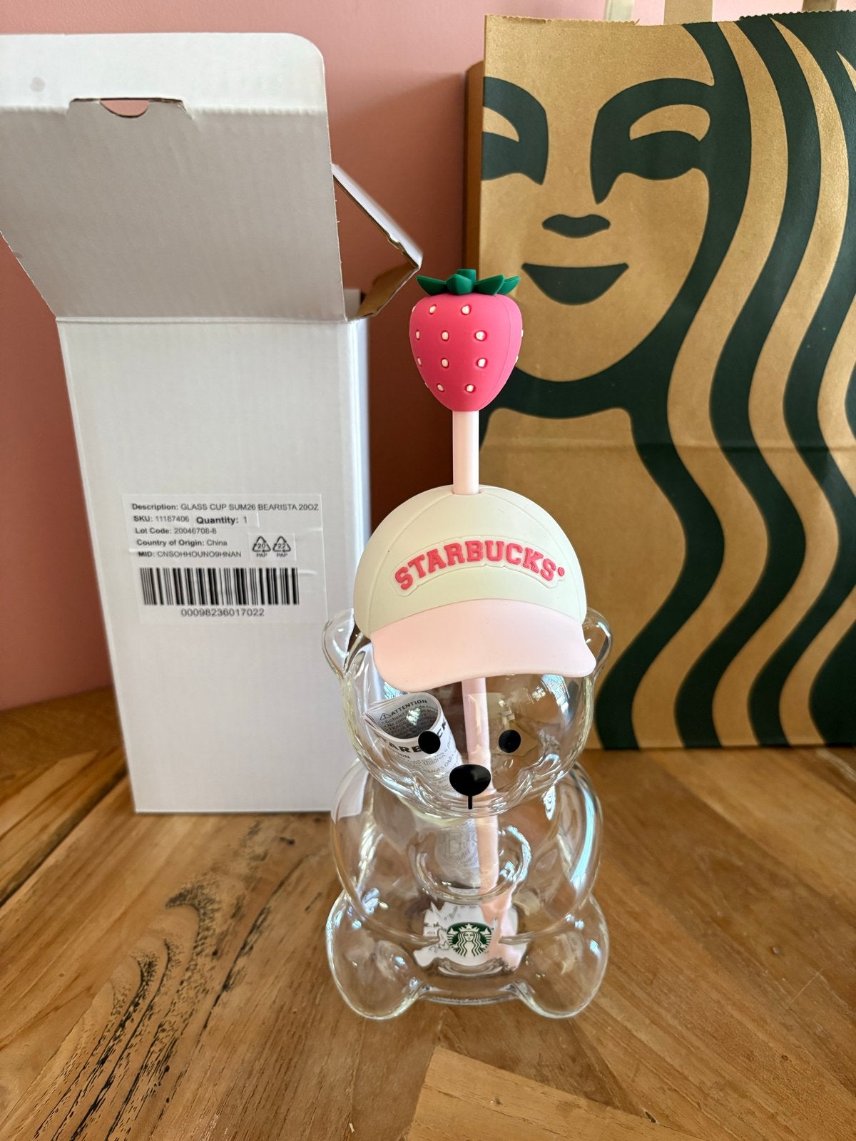 Starbucks Bearista Glazen Beker met Aardbei Rietje, Nieuw, Ophalen of Verzenden, Meerkleurig, Overige merken