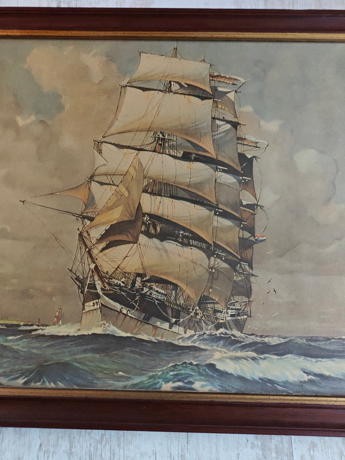Prachtige oude PRENT !! Maritiem zeilschip 63x42 cm, Ophalen of Verzenden, Klassiek, Ingelijst, Maritiem / water