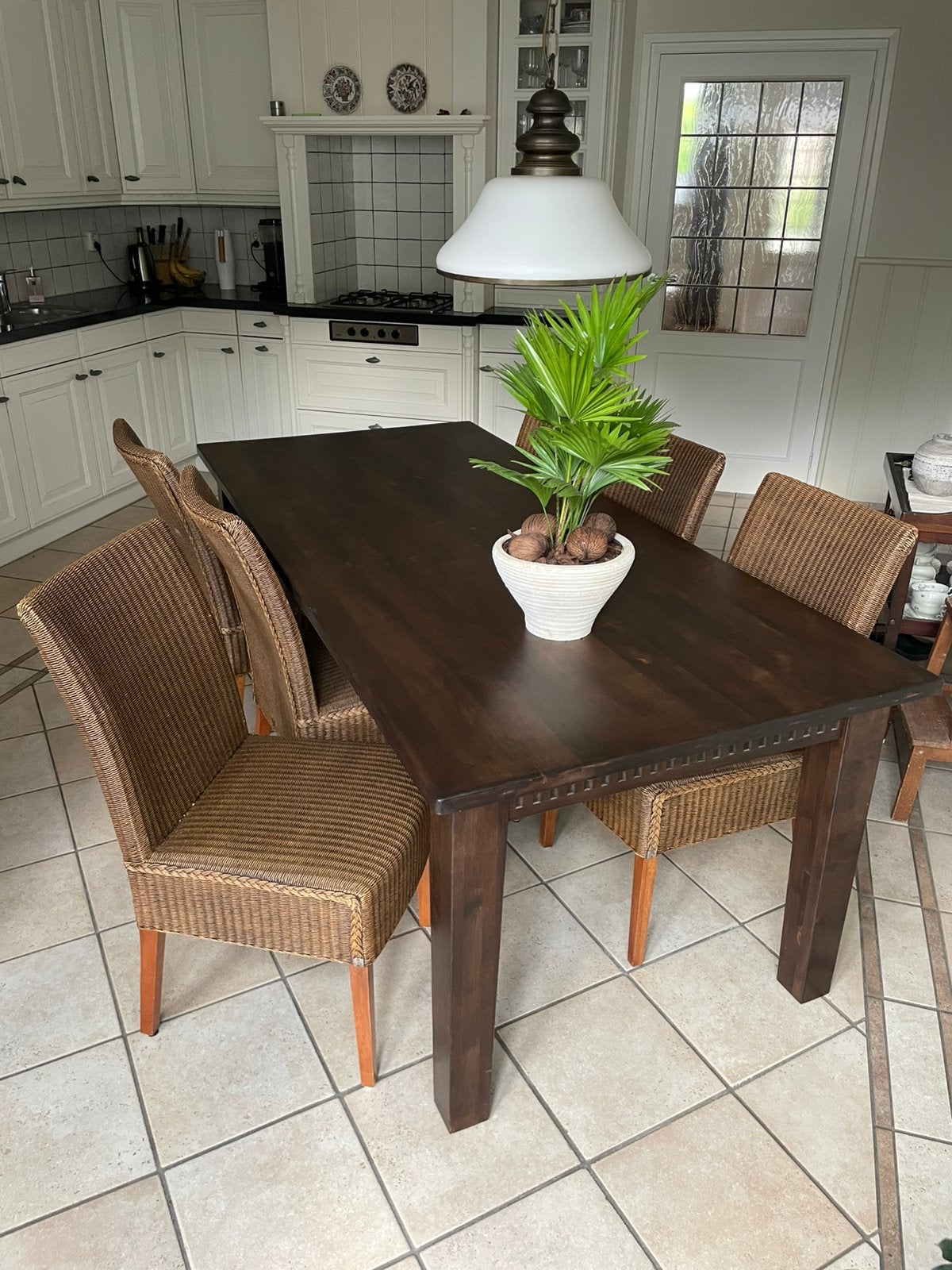 Eettafel 210 x 95 met 7 Lloyd Loom stoelen, Huis en Inrichting, Ophalen, Gebruikt, 200 cm of meer, 50 tot 100 cm
