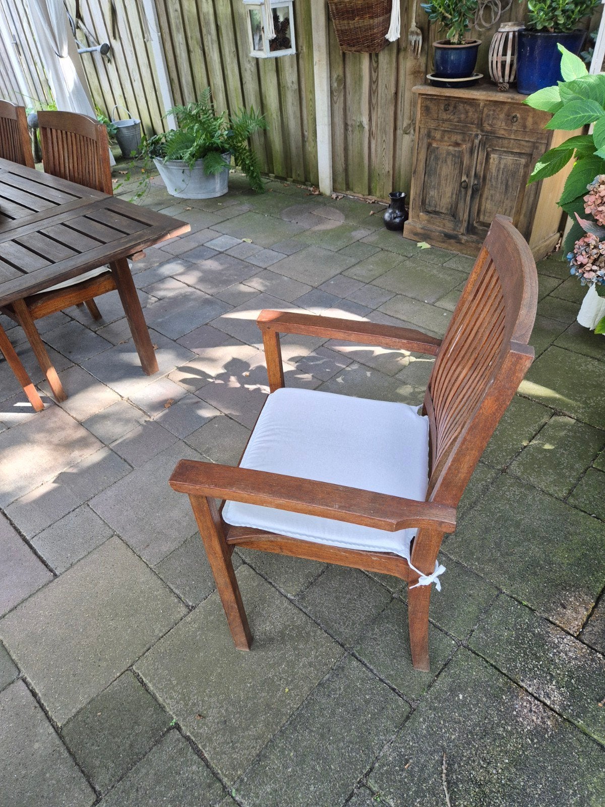 Hardhouten tuinset: tafel en 6 stoelen, Ophalen, Gebruikt, Hardhout, 6 zitplaatsen