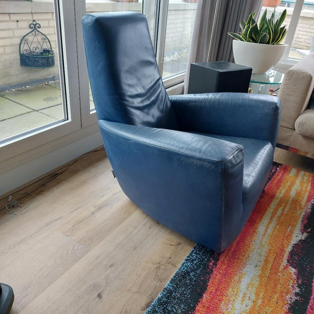 design fauteuil Longa - Gerard vd Berg - Label - Blauw leer, Ophalen, Modern design, Gebruikt, 75 tot 100 cm