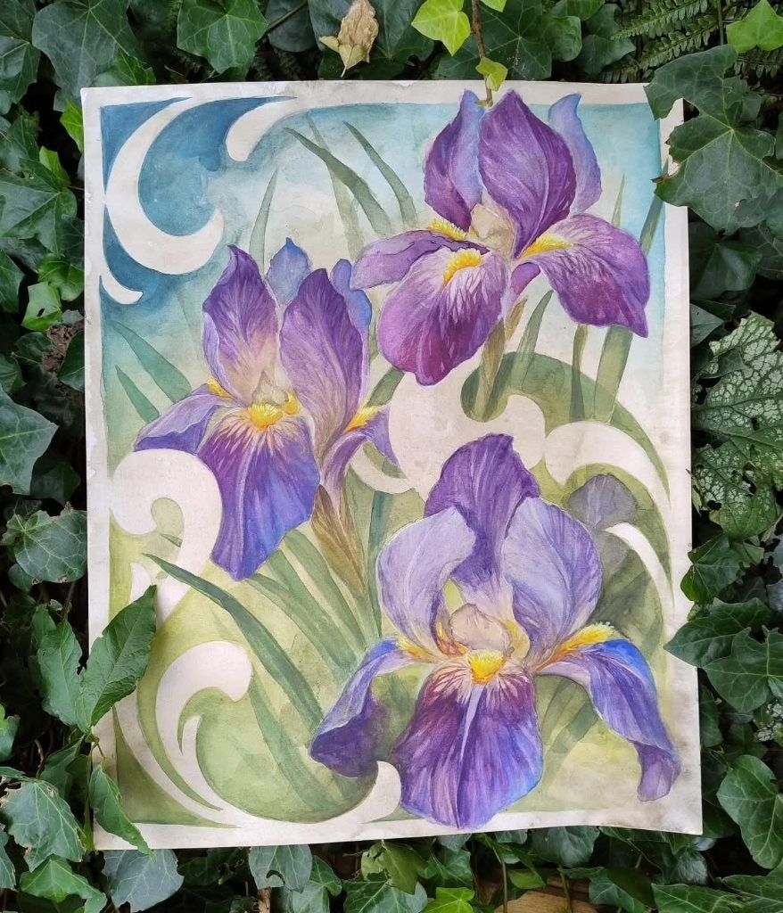 Aquarel Iris Germanica, Bloemen, Ophalen of Verzenden, Handgeschilderd, Papier
