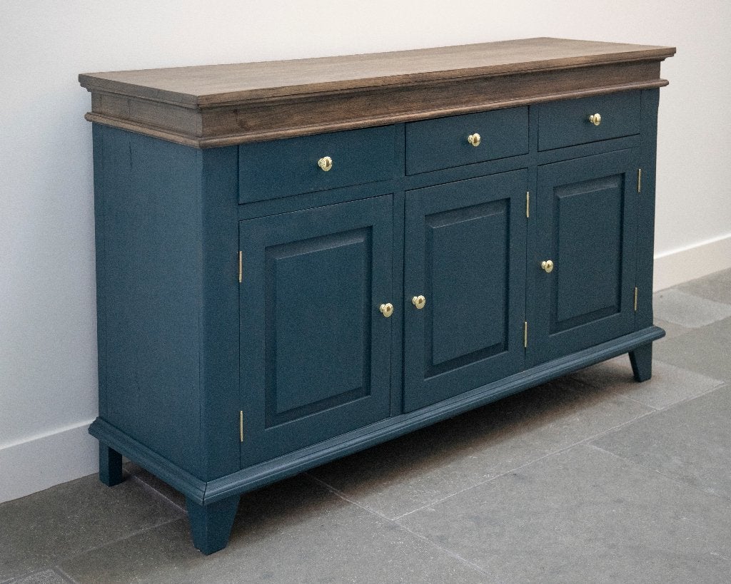 Vintage koloniaal dressoir | Donkerblauw | 3 lades/deurtjes, Huis en Inrichting, Ophalen, Gebruikt, Vintage | Landelijk, 25 tot 50 cm