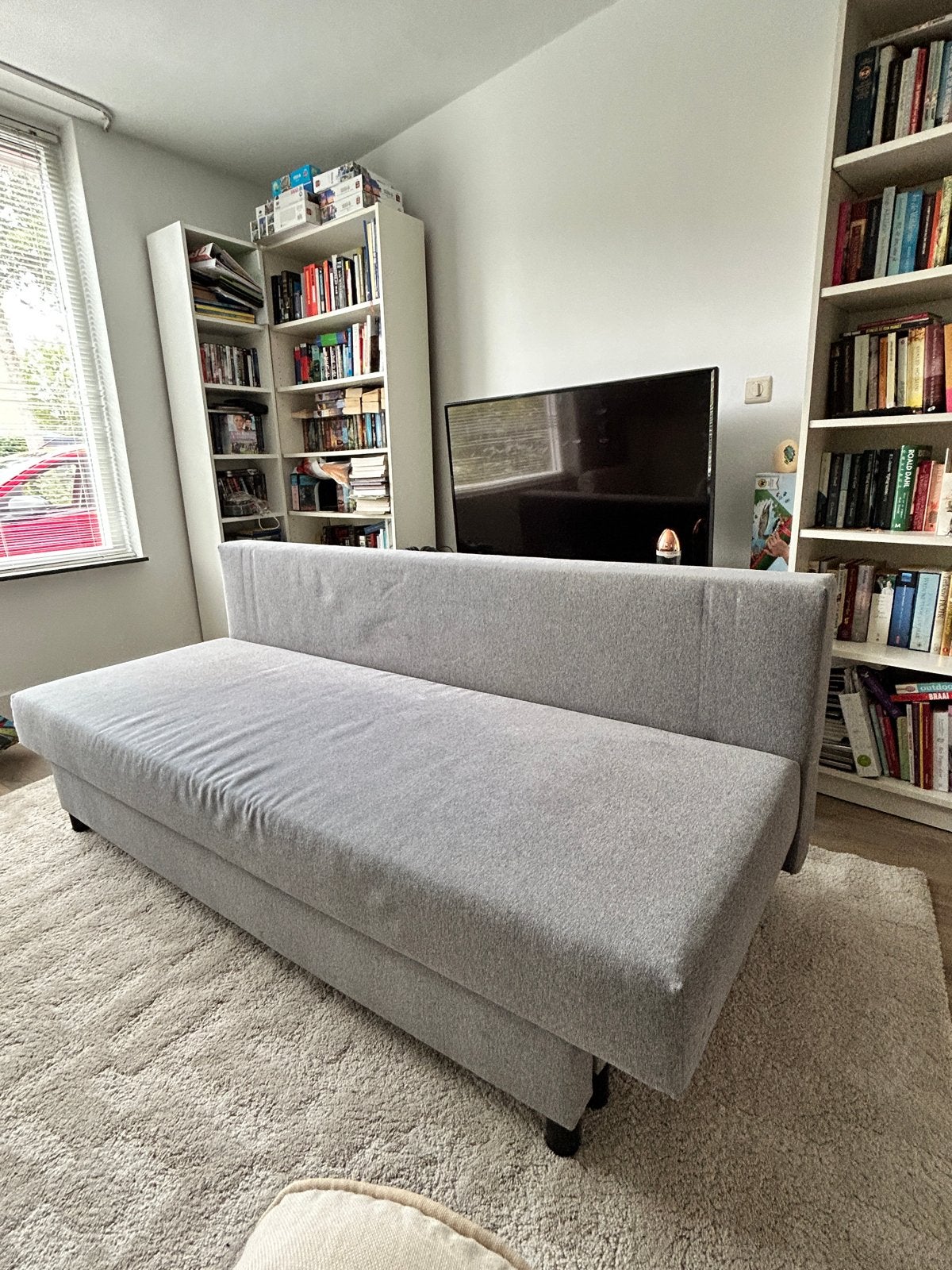 Zsm ophalen! Grijze slaapbank - incl dik matras, Ophalen, Gebruikt, Tweepersoons, 140 cm