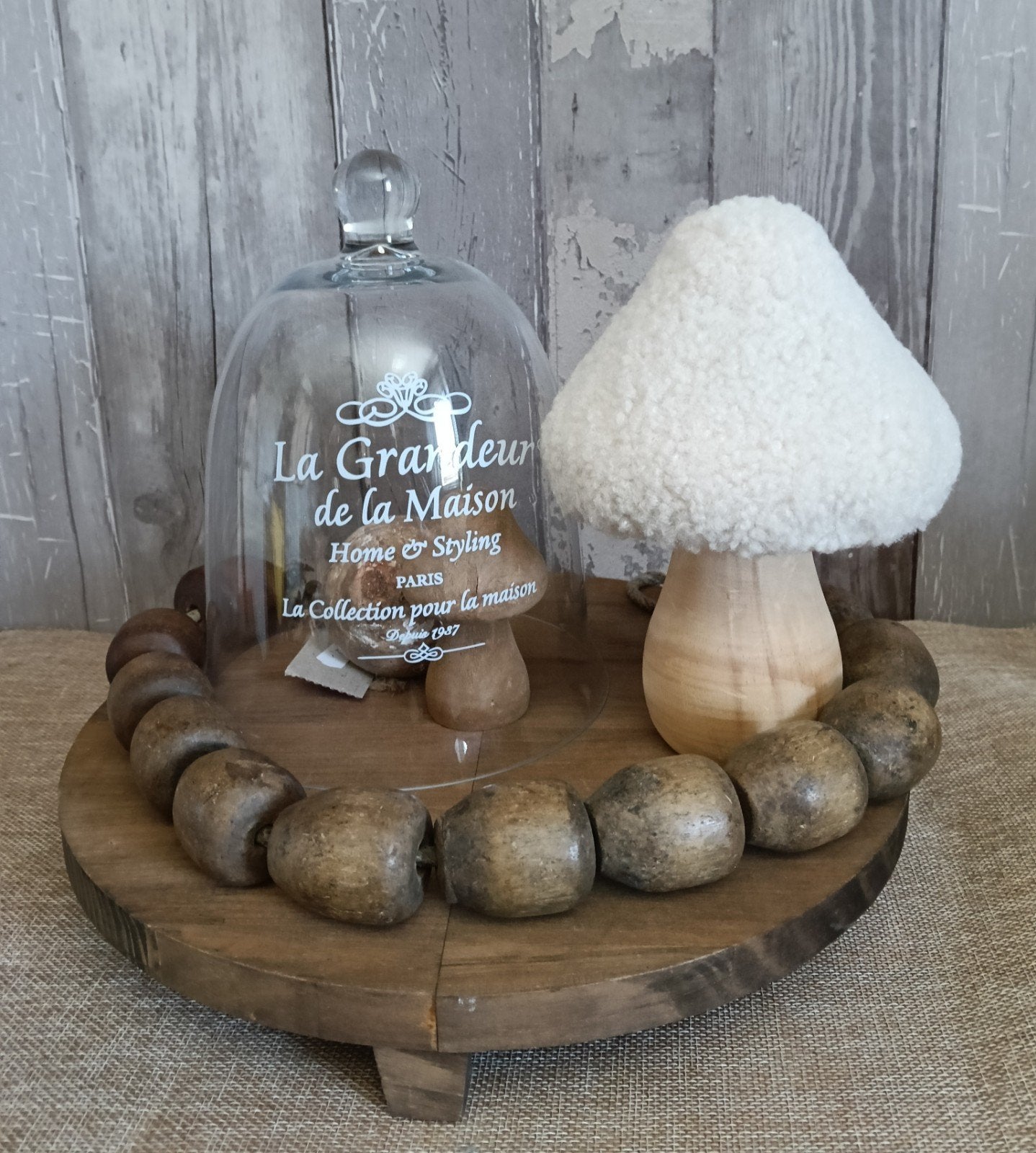 Verhoogd dienblad met stolp en decoratie, Hout, Gebruikt, Onbekend, Ophalen of Verzenden