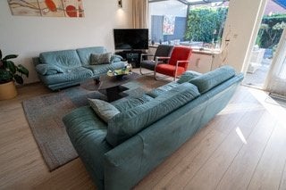 Origineel Natuzzi bankstel, Italiaans leder, blauw/groen, Ophalen, Gebruikt, Overige maten, 150 tot 200 cm