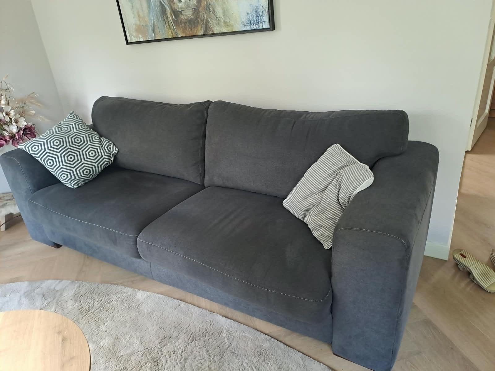 Comfortabele donkergrijze 3-zits- en 2-zitsbank, Ophalen, Gebruikt, 150 tot 200 cm, Tweepersoons