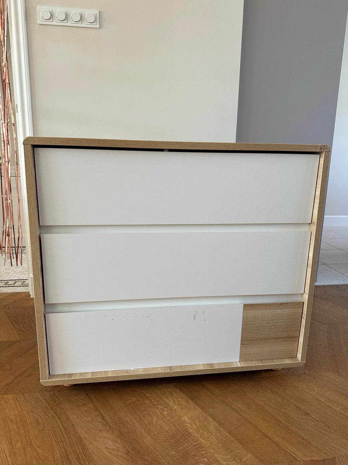 Commode met lades - Hout en wit, Gebruikt, 50 tot 70 cm, 75 tot 100 cm, Commode