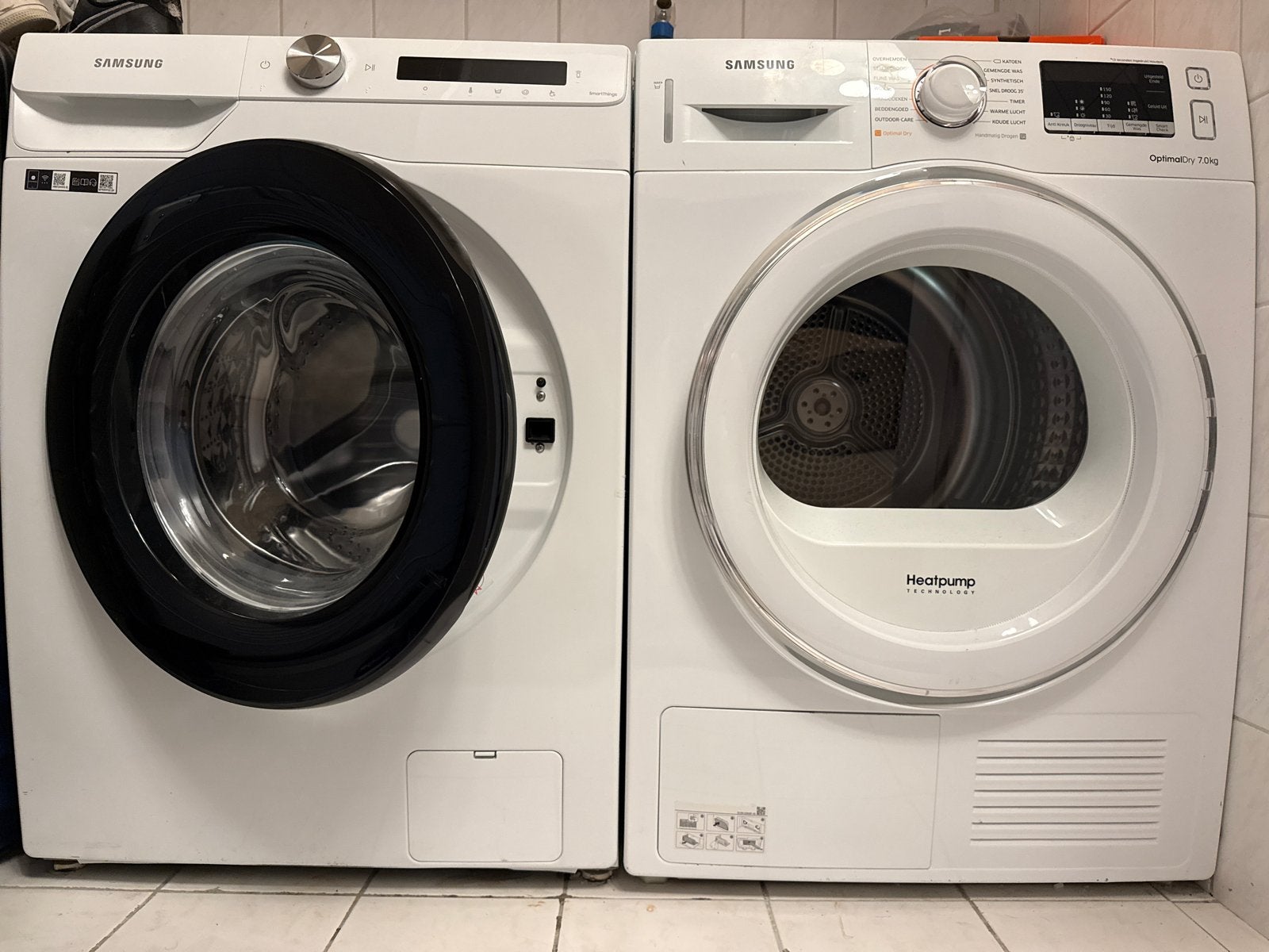 Samsung Wasmachine en Warmtepompdroger Set, 8 tot 10 kg, Ophalen, Gebruikt, 85 tot 90 cm