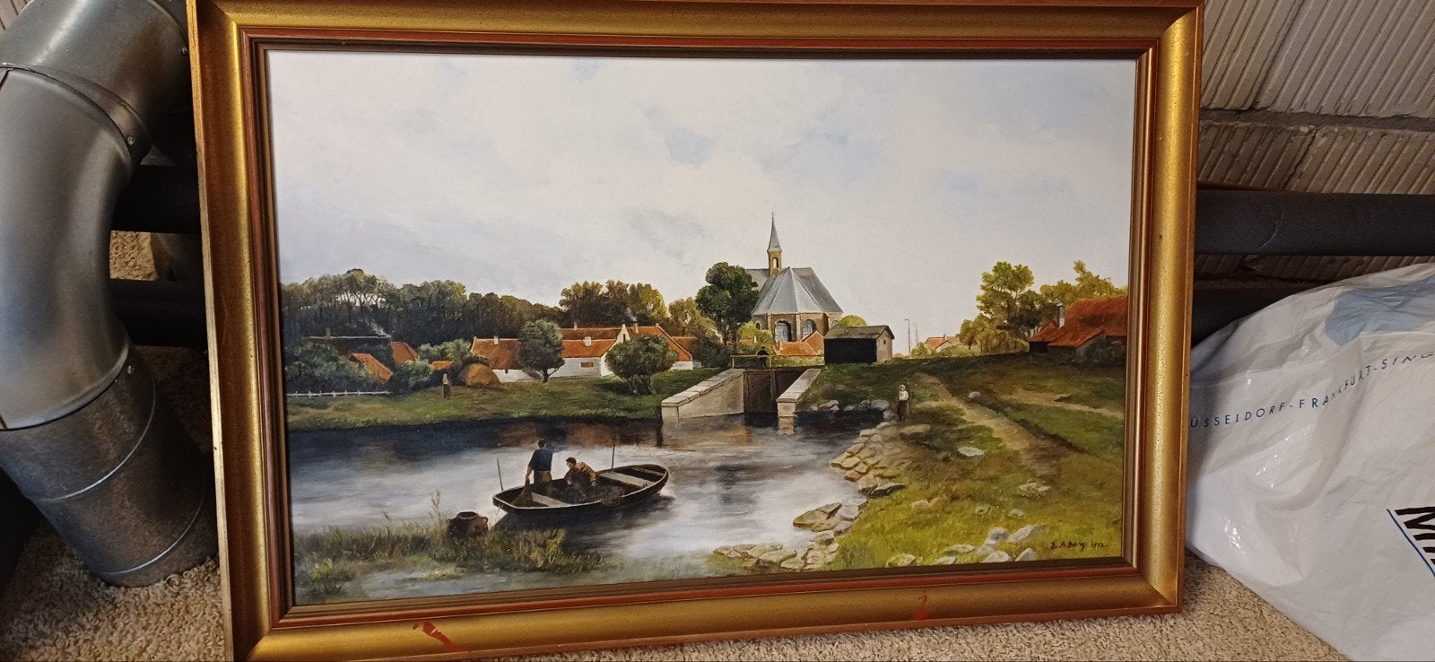 Olieverf Schilderij Landschap met Kerk en Water, 89x59 cm, Ophalen of Verzenden