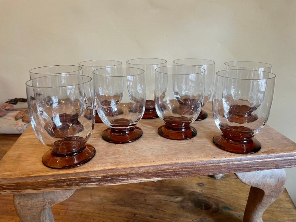 9 x Waterglazen Wijnglazen amber art deco 1930 Frans, Ophalen of Verzenden
